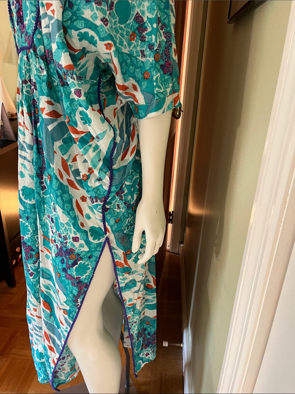 70’s Vintage Women's Teal Seaside Maxi Dress with Starfish Sequined Inset - Picture 5 of 8